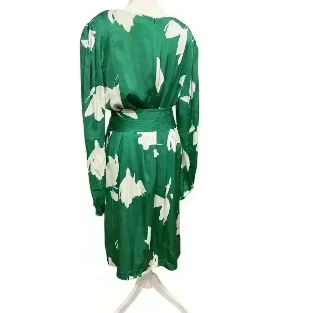 Lewit Green & White Floral Stretch Silk Long Sleeve Round Neck Belted Dress 14 - Picture 5 of 13